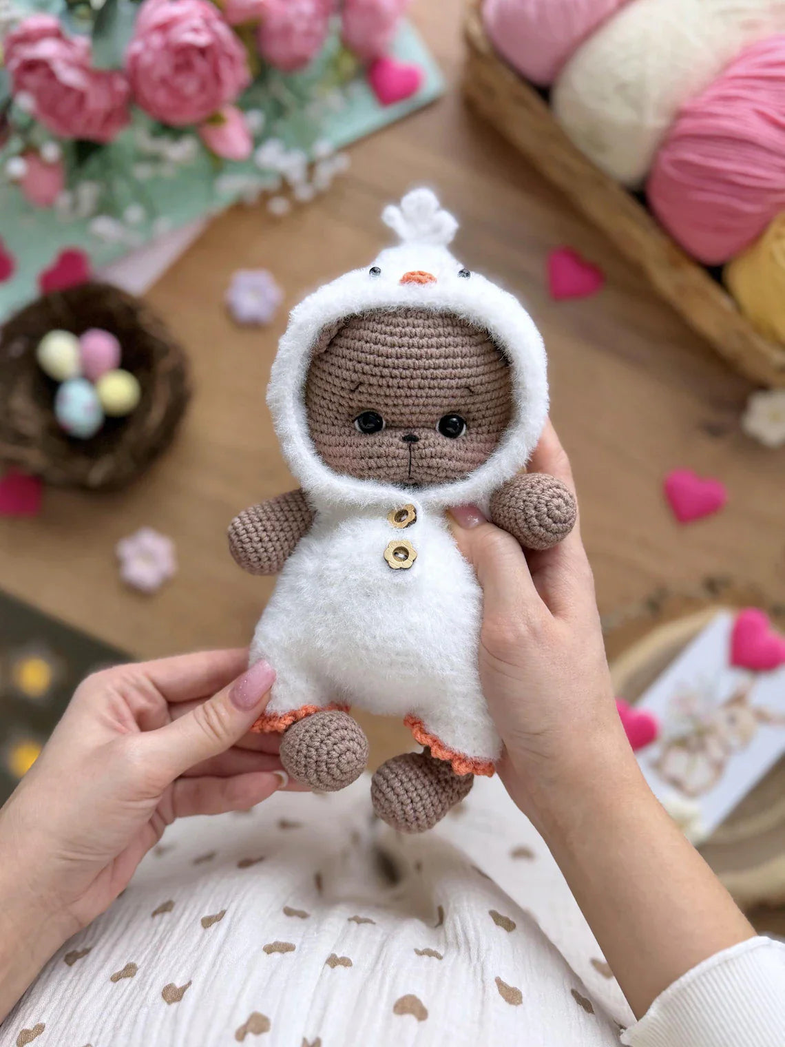 Bear in overalls Chick, Bunny and Goose Crochet Pattern