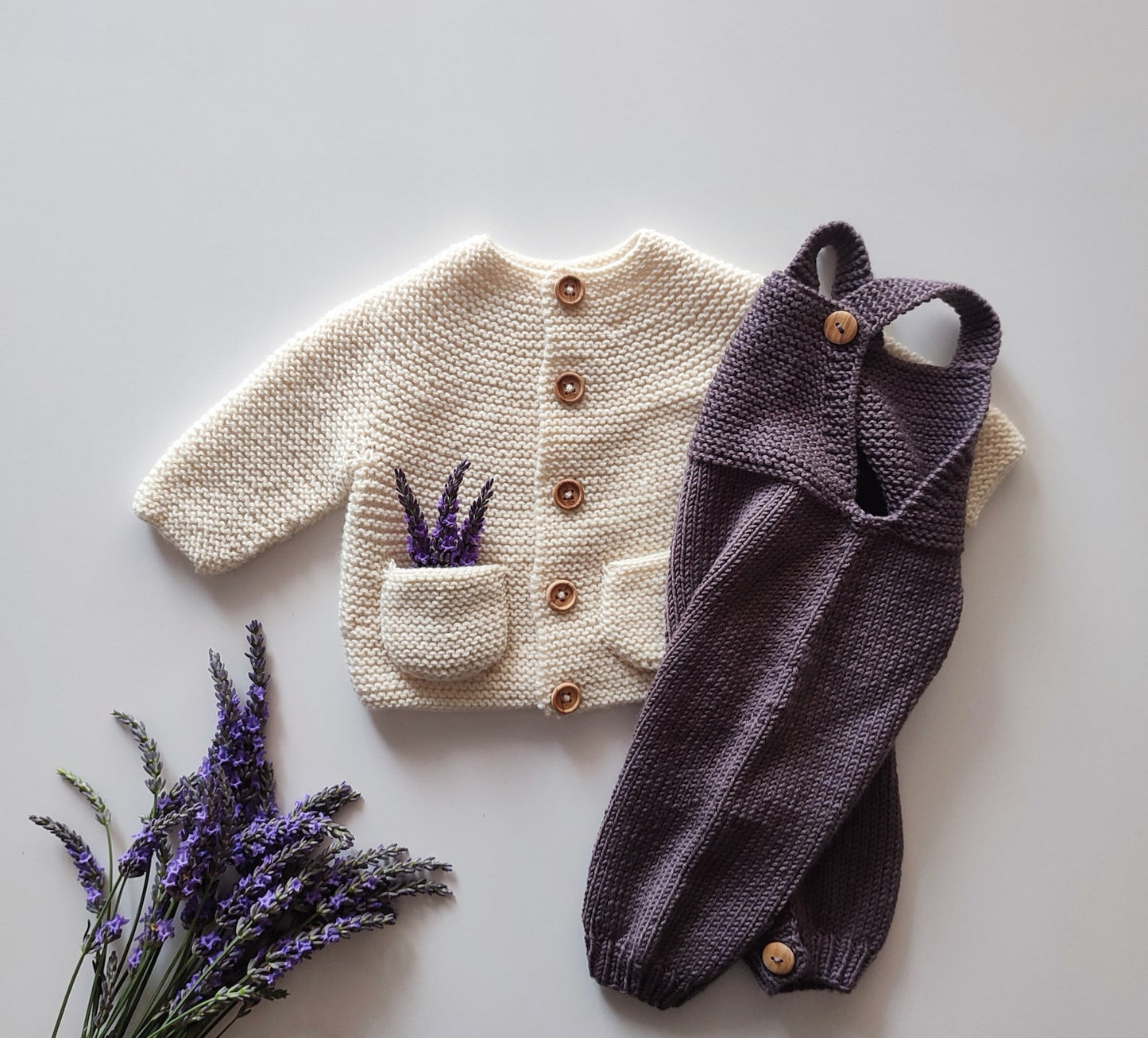 Joyous Baby Cardigan and Juniper Baby Jumpsuit Knitting Pattern