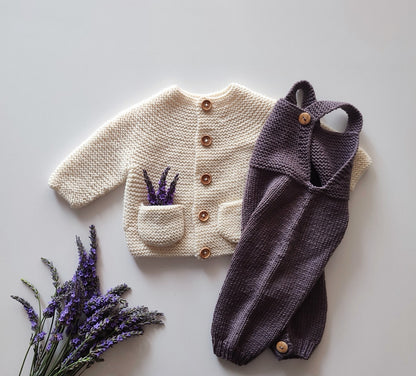 Joyous Baby Cardigan and Juniper Baby Jumpsuit Knitting Pattern