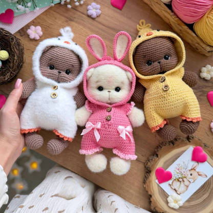 Bear in overalls Chick, Bunny and Goose Crochet Pattern
