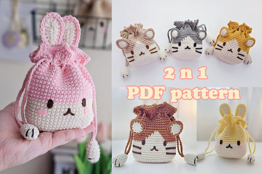 Bunny & Cat Drawstring Pouch Bags Crochet Pattern