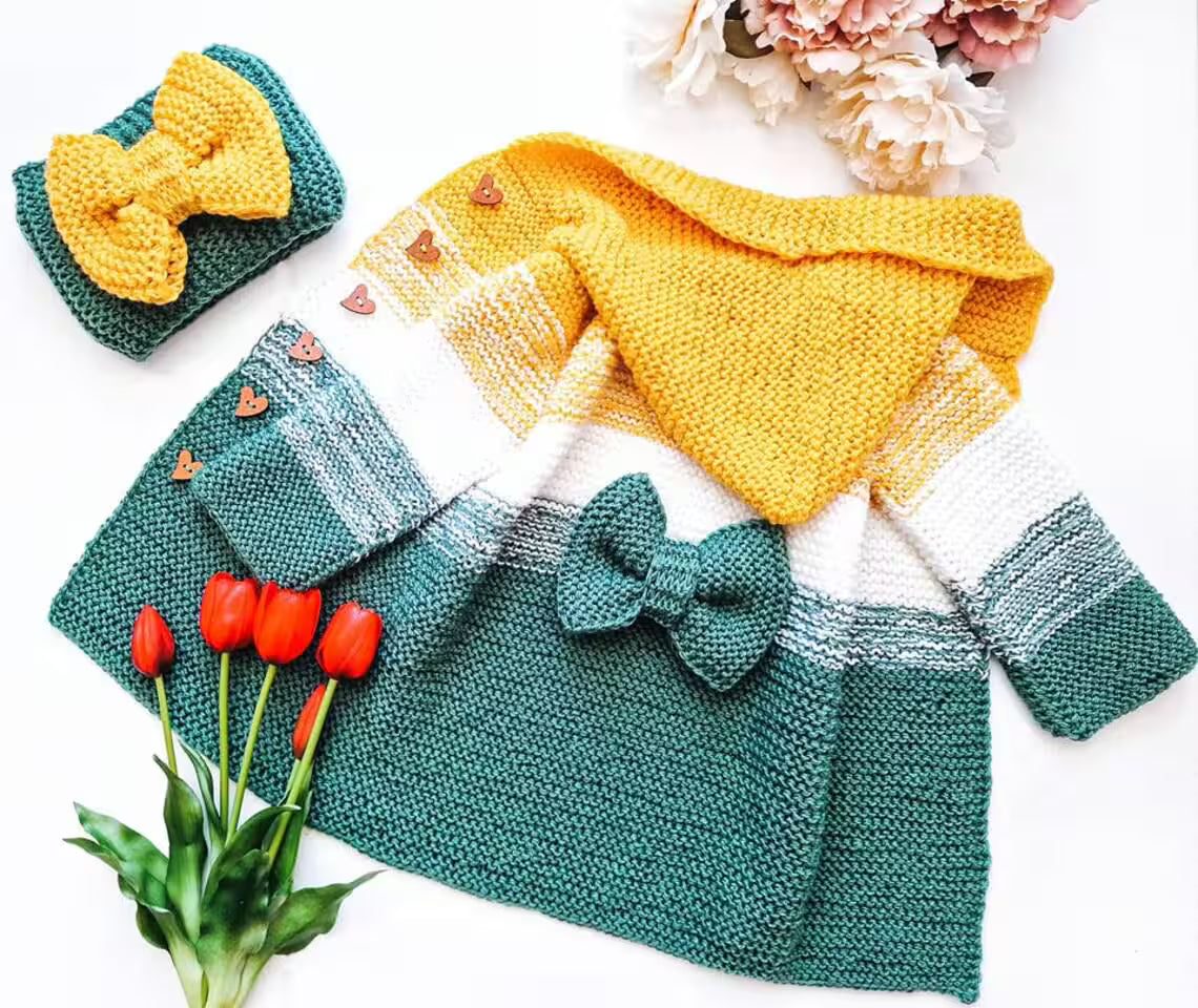 Baby Hoodie with Bow & Heart Buttons Knitting Pattern