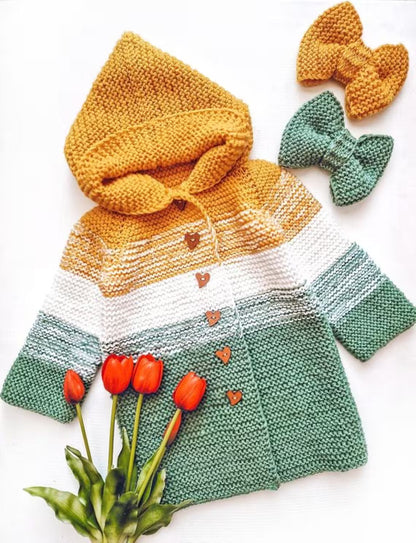 Baby Hoodie with Bow & Heart Buttons Knitting Pattern