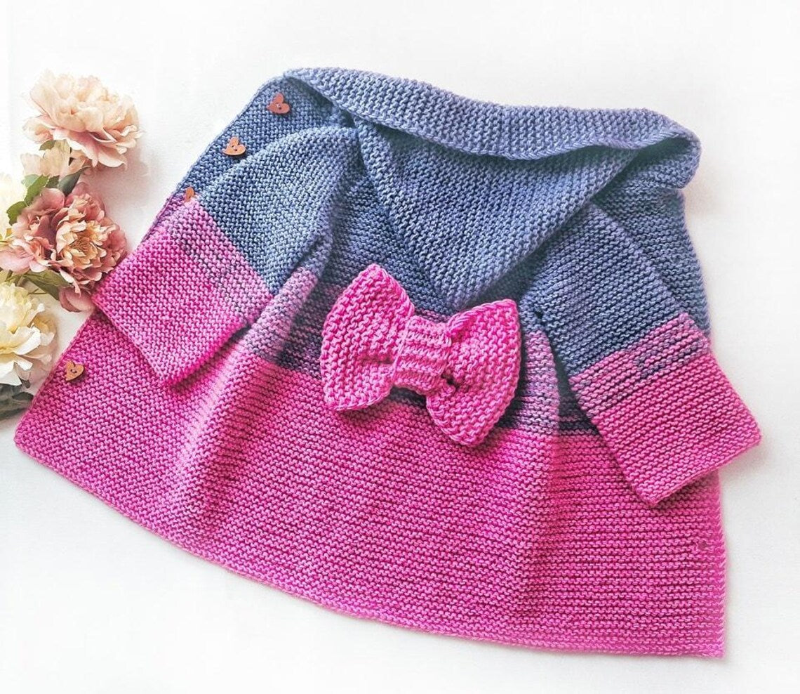 Baby Hoodie with Bow & Heart Buttons Knitting Pattern