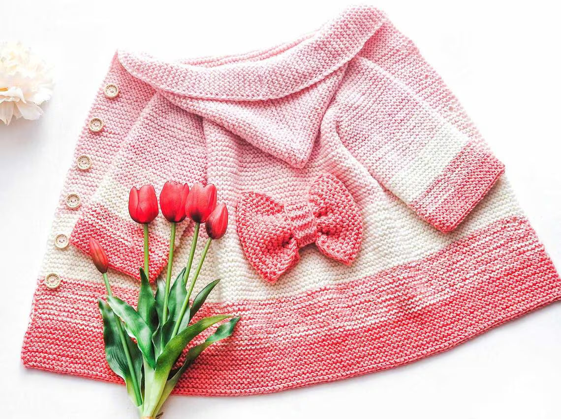 Baby Hoodie with Bow & Heart Buttons Knitting Pattern