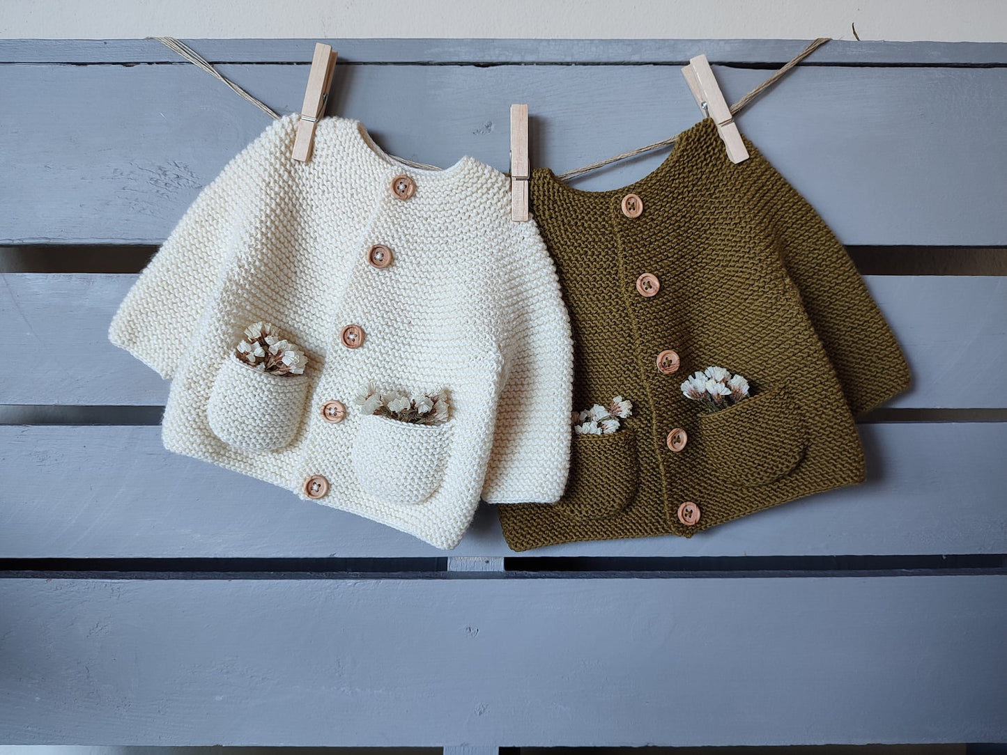 Joyous Baby Cardigan and Juniper Baby Jumpsuit Knitting Pattern